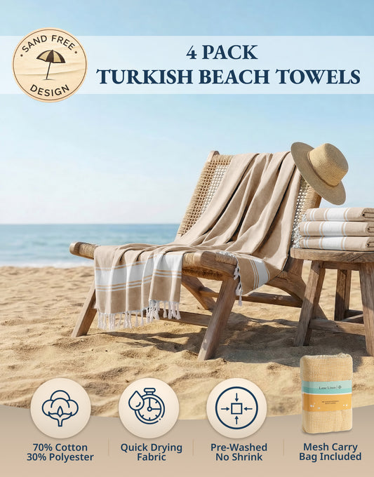4 PIECE TURKISH BEACH TOWEL SET-BEIGE