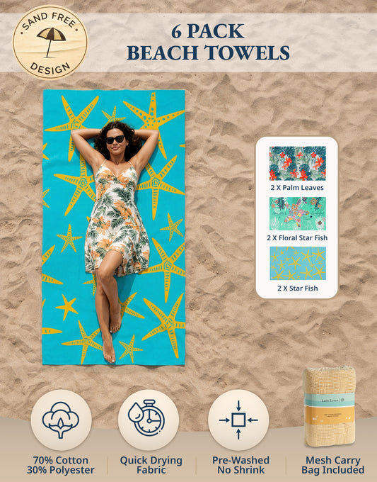 6 PIECE TURKISH BEACH TOWEL SET-Blue-Shore