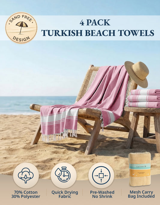 4 PIECE TURKISH BEACH TOWEL SET-CASHMERE-ROSE