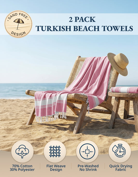 2 PIECE TURKISH BEACH TOWEL SET-CANDY-PINK