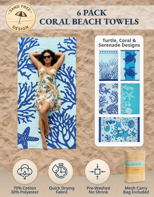 6 PIECE TURKISH BEACH TOWEL SET-Coral-Beach