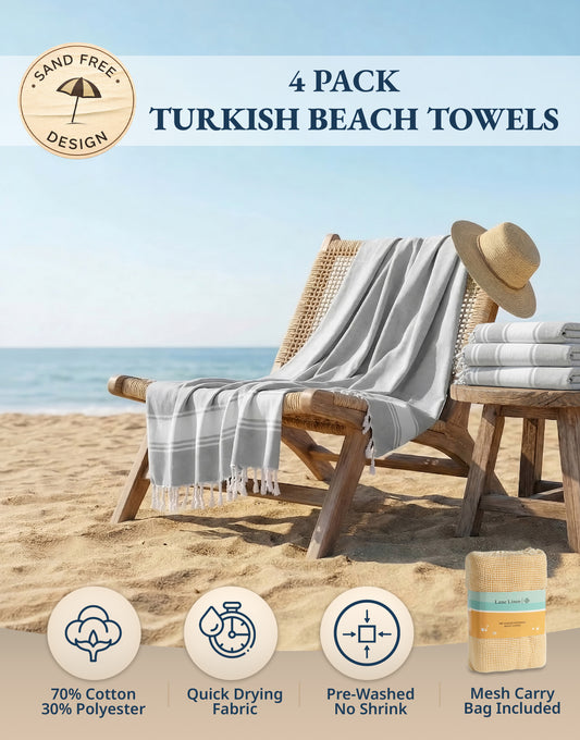 4 PIECE TURKISH BEACH TOWEL SET-GREY