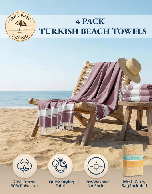 4 PIECE TURKISH BEACH TOWEL SET-WISTFUL-MAUVE