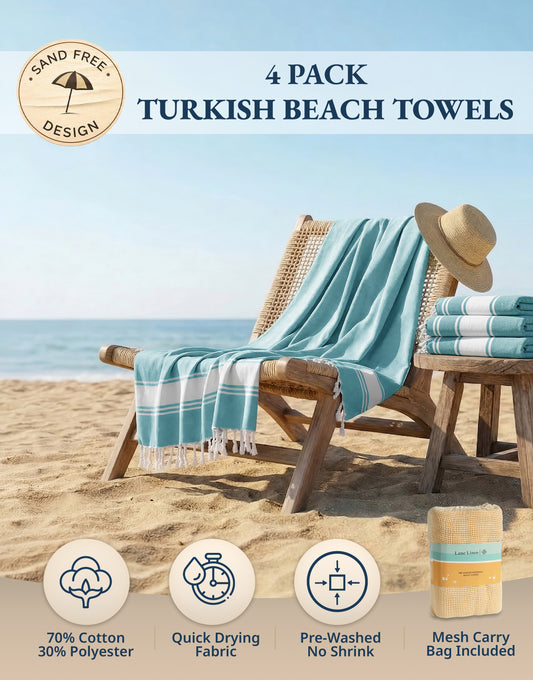 4 PIECE TURKISH BEACH TOWEL SET-AQUA