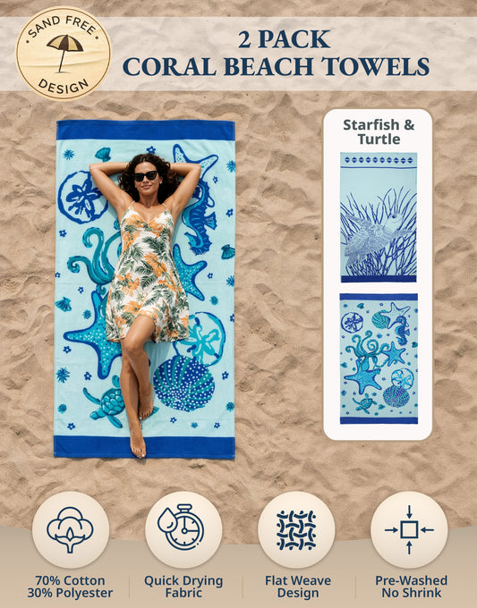 2 PIECE TURKISH BEACH TOWEL SET-STARFISH-TURTLE