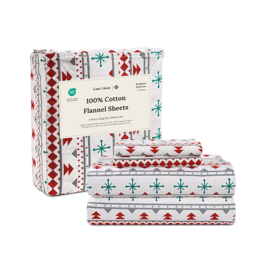 Lane Linen 100% cotton flannel sheet set in Snowflake Red, King