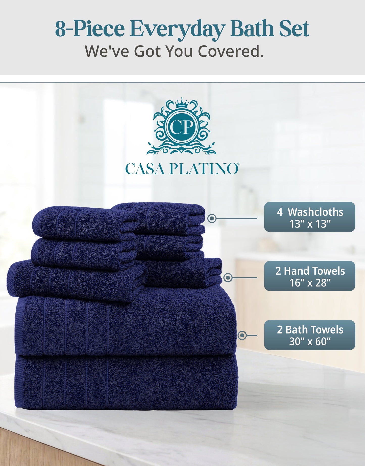 8-Piece Cotton Bath Towel Set cp-gallery: color=Navy; size=8 Piece Set