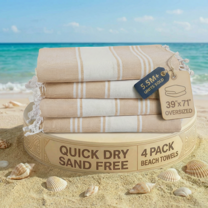 4 PIECE TURKISH BEACH TOWEL SET-BEIGE