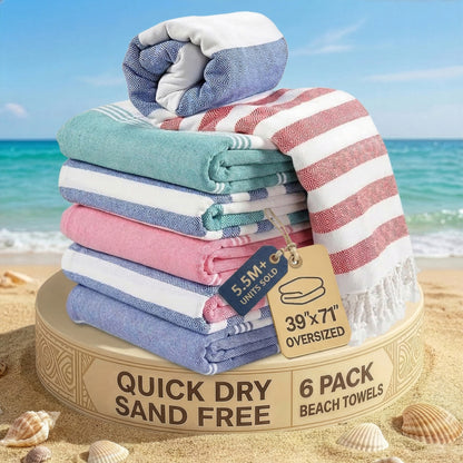 6 PIECE TURKISH BEACH TOWEL SET-Coastal-Harmony