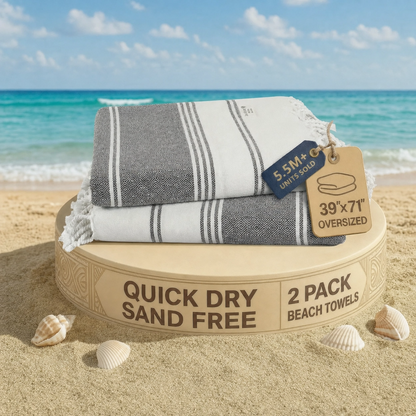 2 PIECE TURKISH BEACH TOWEL SET-EBONY