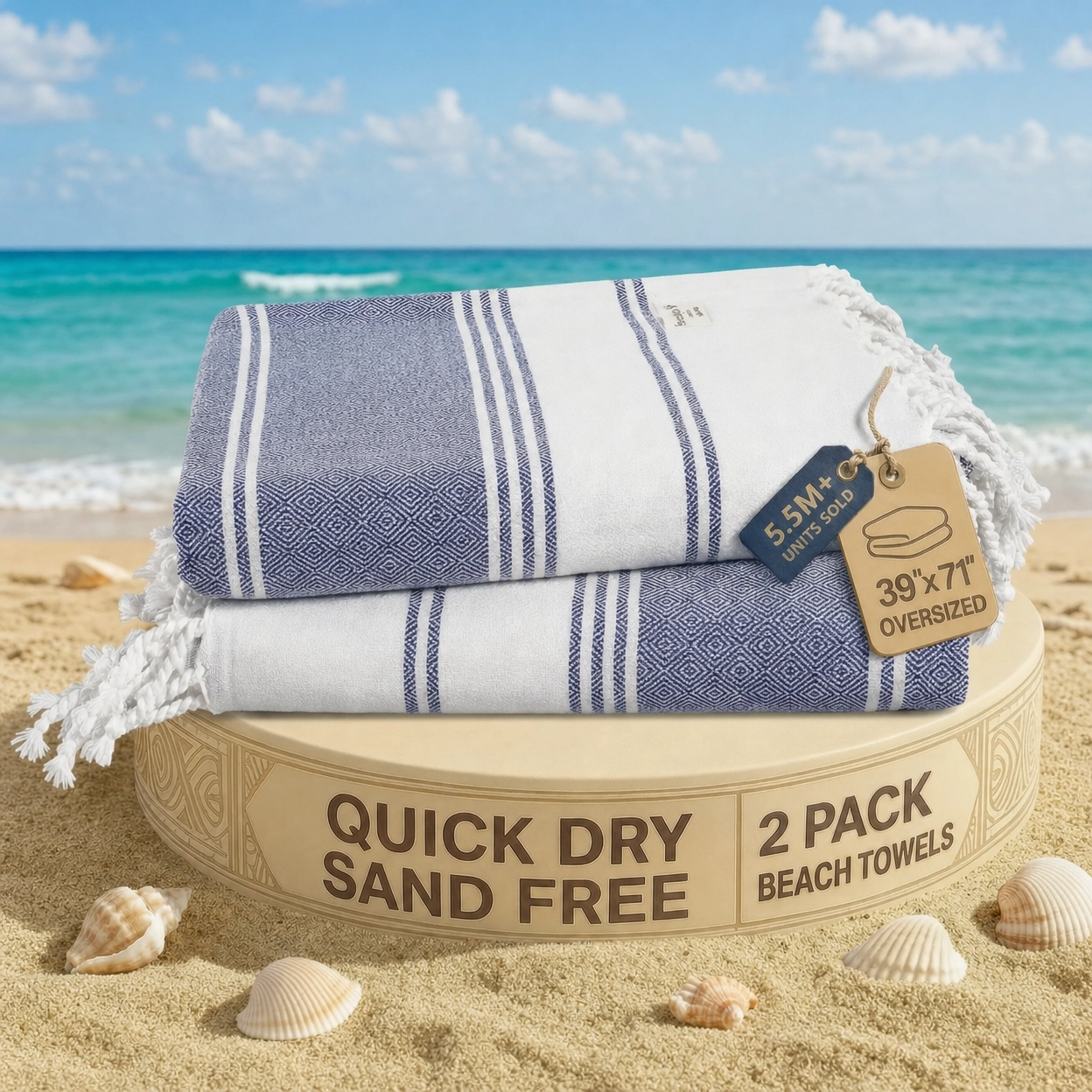 2 PIECE TURKISH BEACH TOWEL SET-NAVY-BLAZER