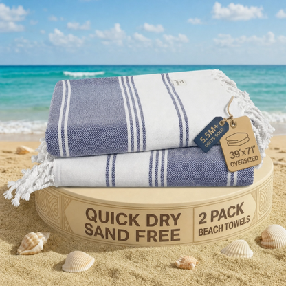 2 PIECE TURKISH BEACH TOWEL SET-NAVY-BLAZER