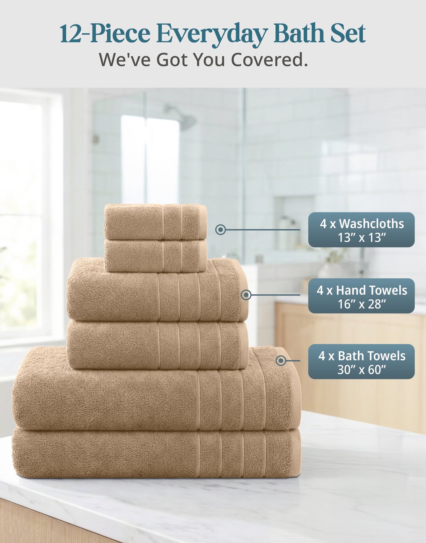 12-Piece Cotton Bath Towel Set cp-gallery: color=Beige; size=12 Piece Set