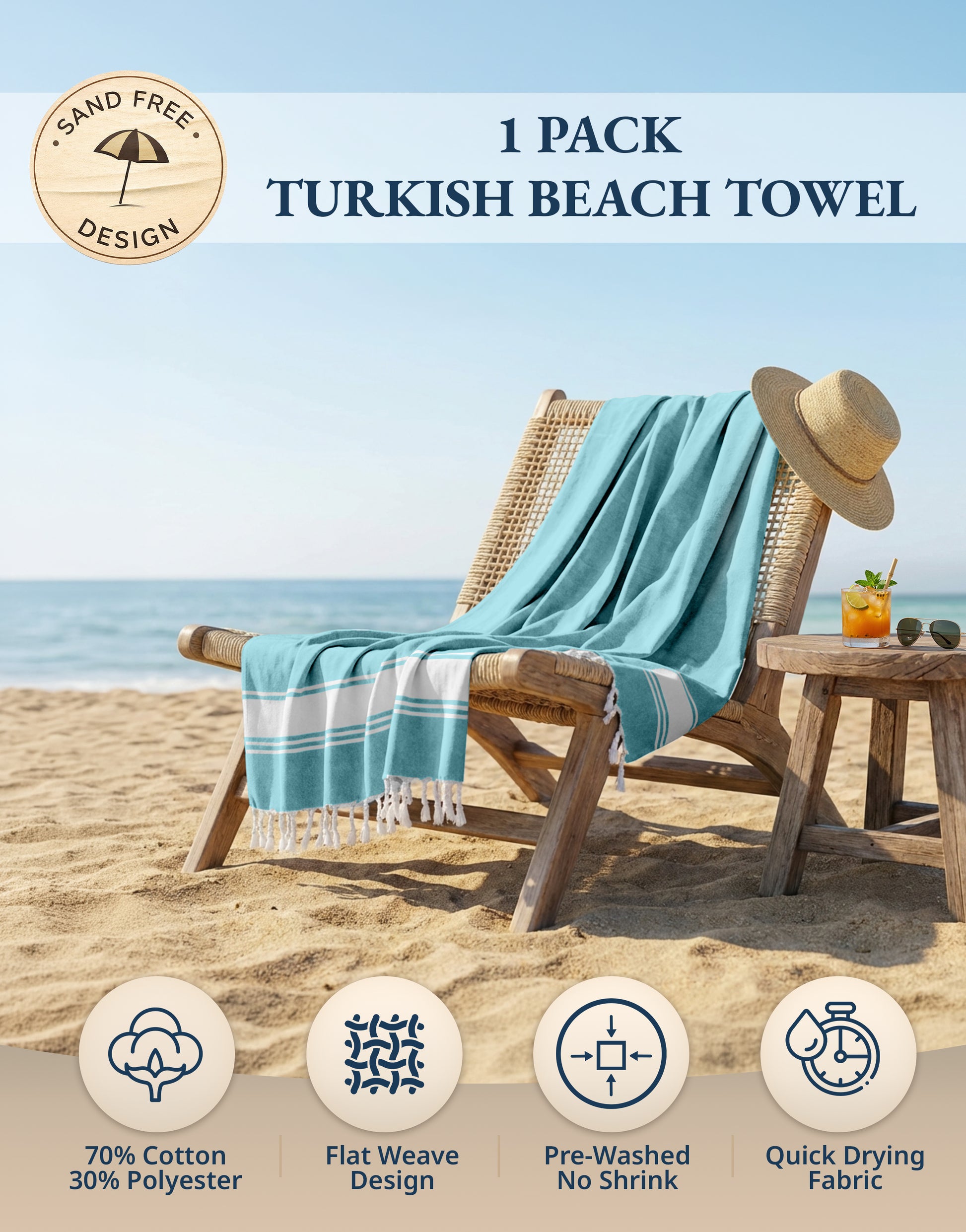 1 PIECE TURKISH BEACH TOWEL-AQUA