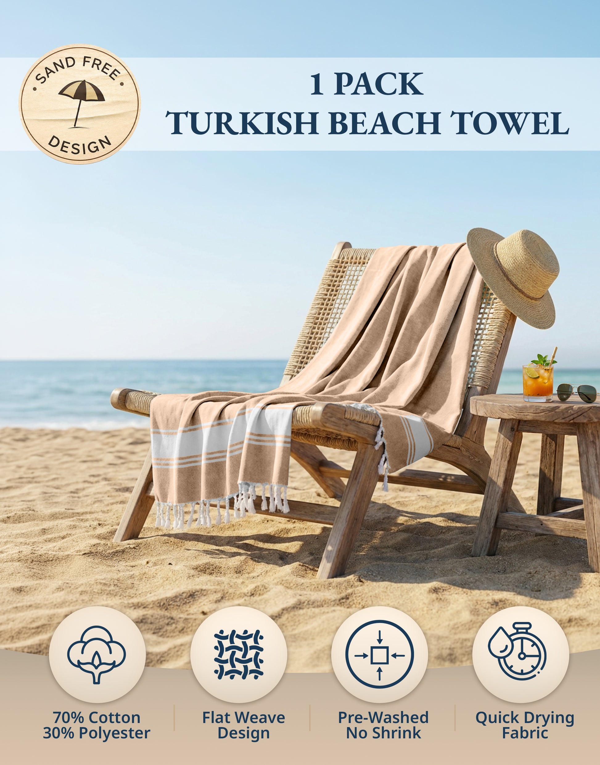 1 PIECE TURKISH BEACH TOWEL-BEIGE