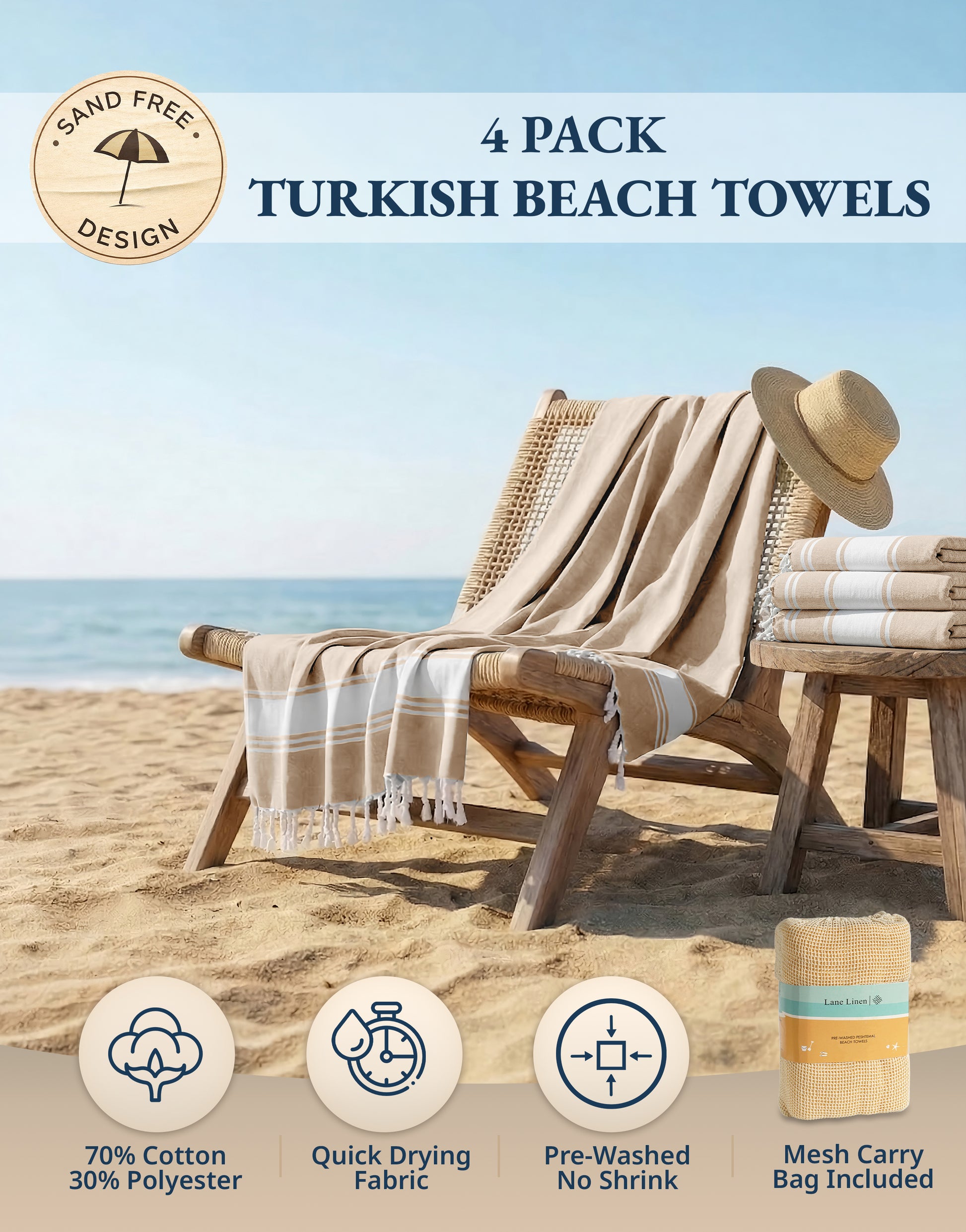 4 PIECE TURKISH BEACH TOWEL SET-BEIGE