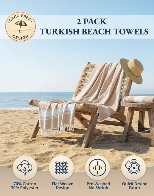 2 PIECE TURKISH BEACH TOWEL SET-BEIGE