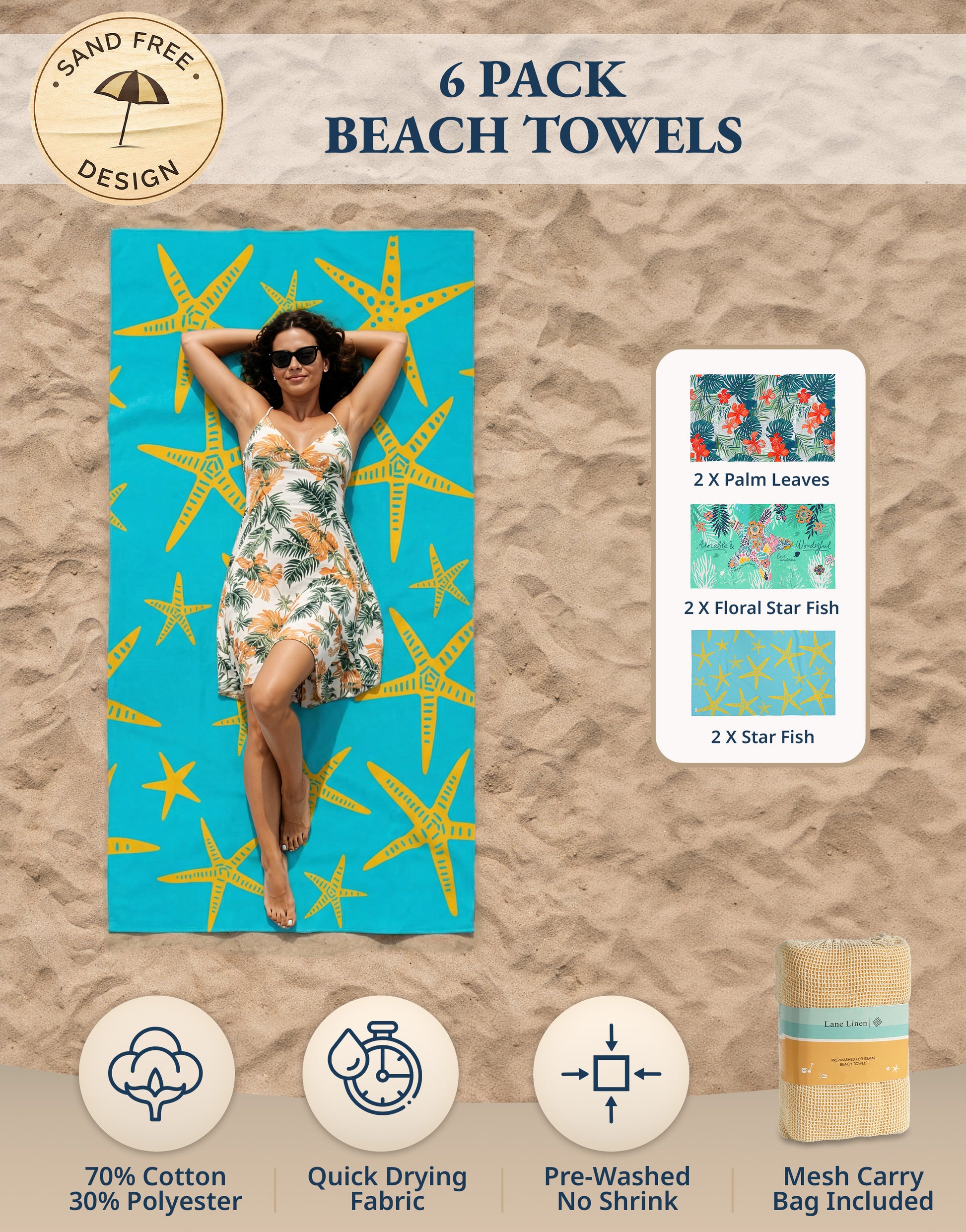 6 PIECE TURKISH BEACH TOWEL SET-Blue-Shore