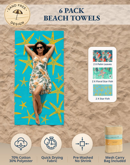 6 PIECE TURKISH BEACH TOWEL SET-Blue-Shore