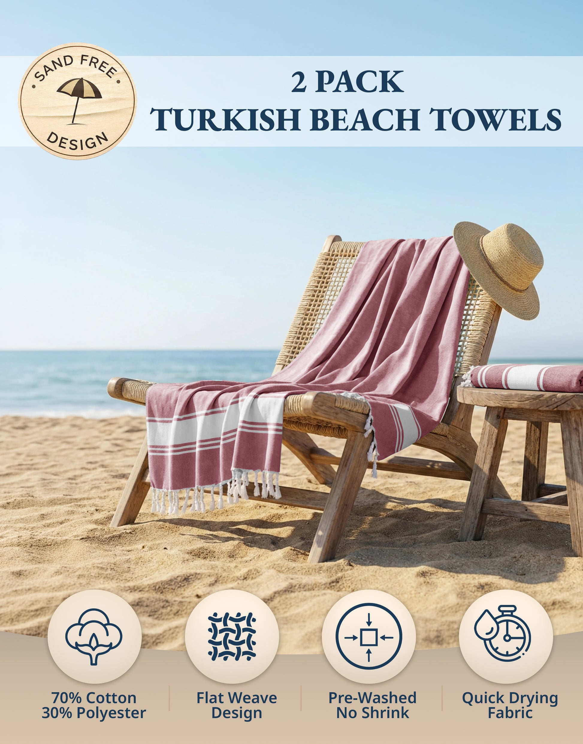 2 PIECE TURKISH BEACH TOWEL SET-CASHMERE-ROSE