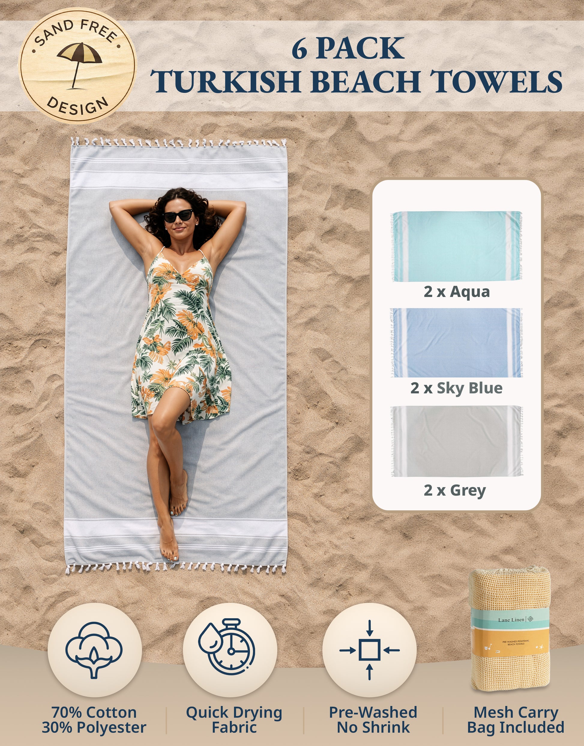 6 PIECE TURKISH BEACH TOWEL SET-Classic-Color