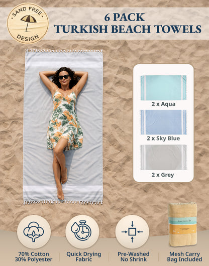 6 PIECE TURKISH BEACH TOWEL SET-Classic-Color