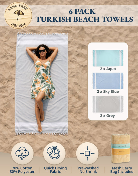 6 PIECE TURKISH BEACH TOWEL SET-Classic-Color