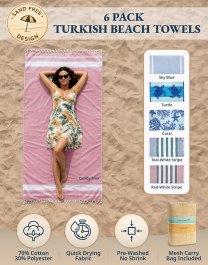 6 PIECE TURKISH BEACH TOWEL SET-Coastal-Bliss