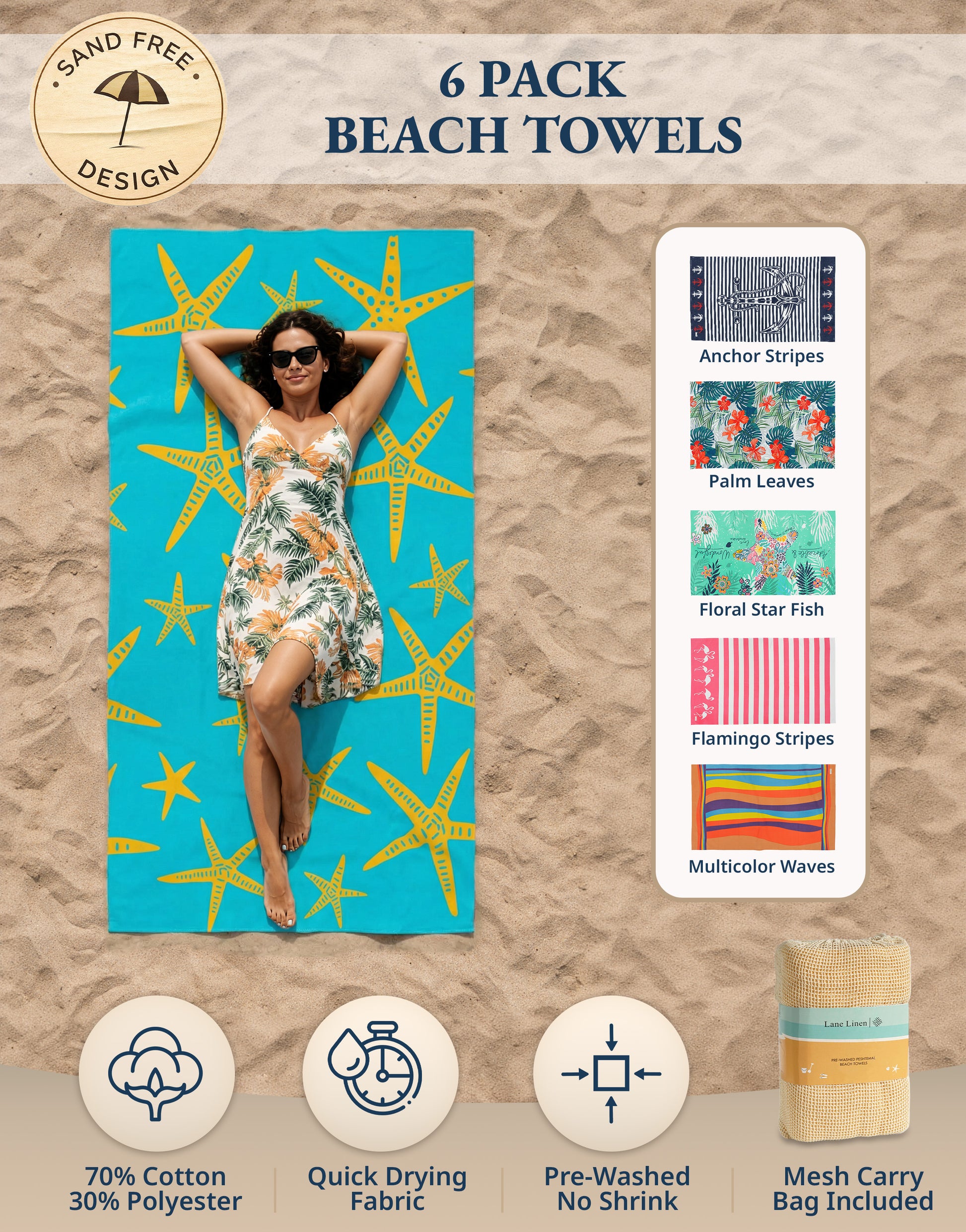 6 PIECE TURKISH BEACH TOWEL SET-Coastal-Mix