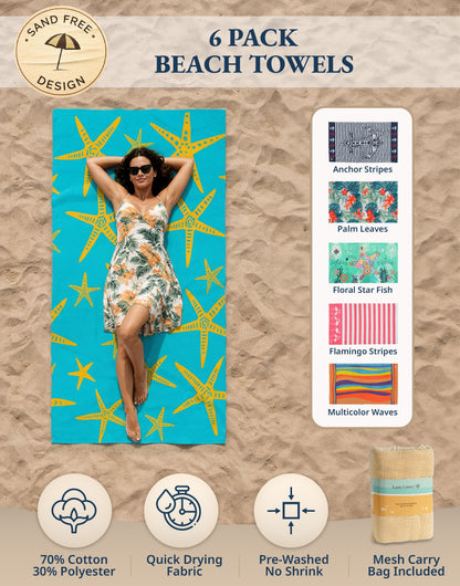 6 PIECE TURKISH BEACH TOWEL SET-Coastal-Mix