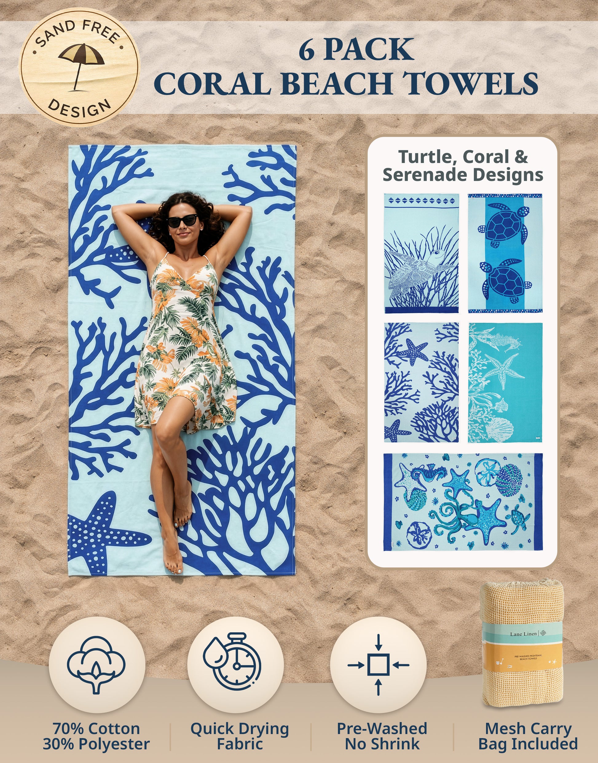 6 PIECE TURKISH BEACH TOWEL SET-Coral-Beach