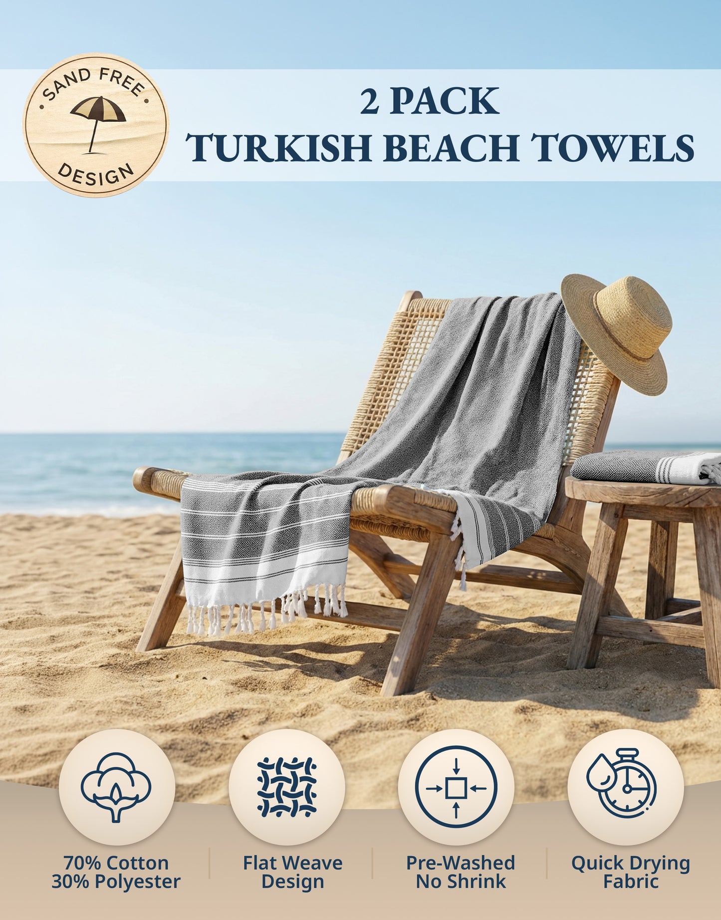 2 PIECE TURKISH BEACH TOWEL SET-EBONY