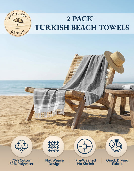 2 PIECE TURKISH BEACH TOWEL SET-EBONY