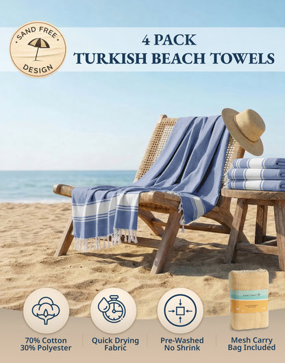 4 PIECE TURKISH BEACH TOWEL SET-FOREVER-BLUE