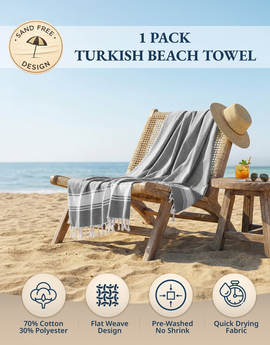1 PIECE TURKISH BEACH TOWEL-GREY
