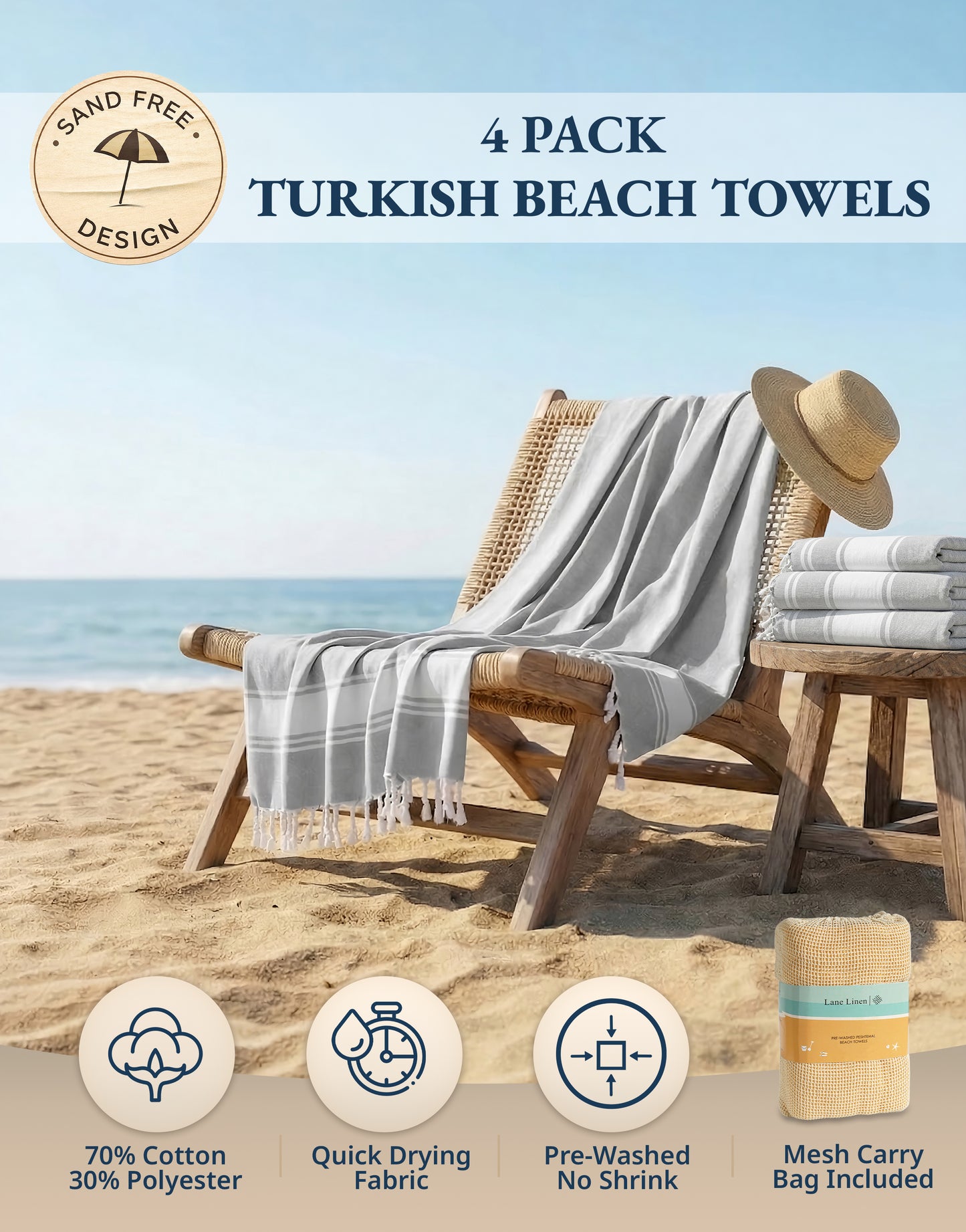 4 PIECE TURKISH BEACH TOWEL SET-GREY