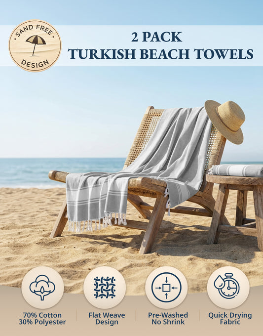 2 PIECE TURKISH BEACH TOWEL SET-GREY