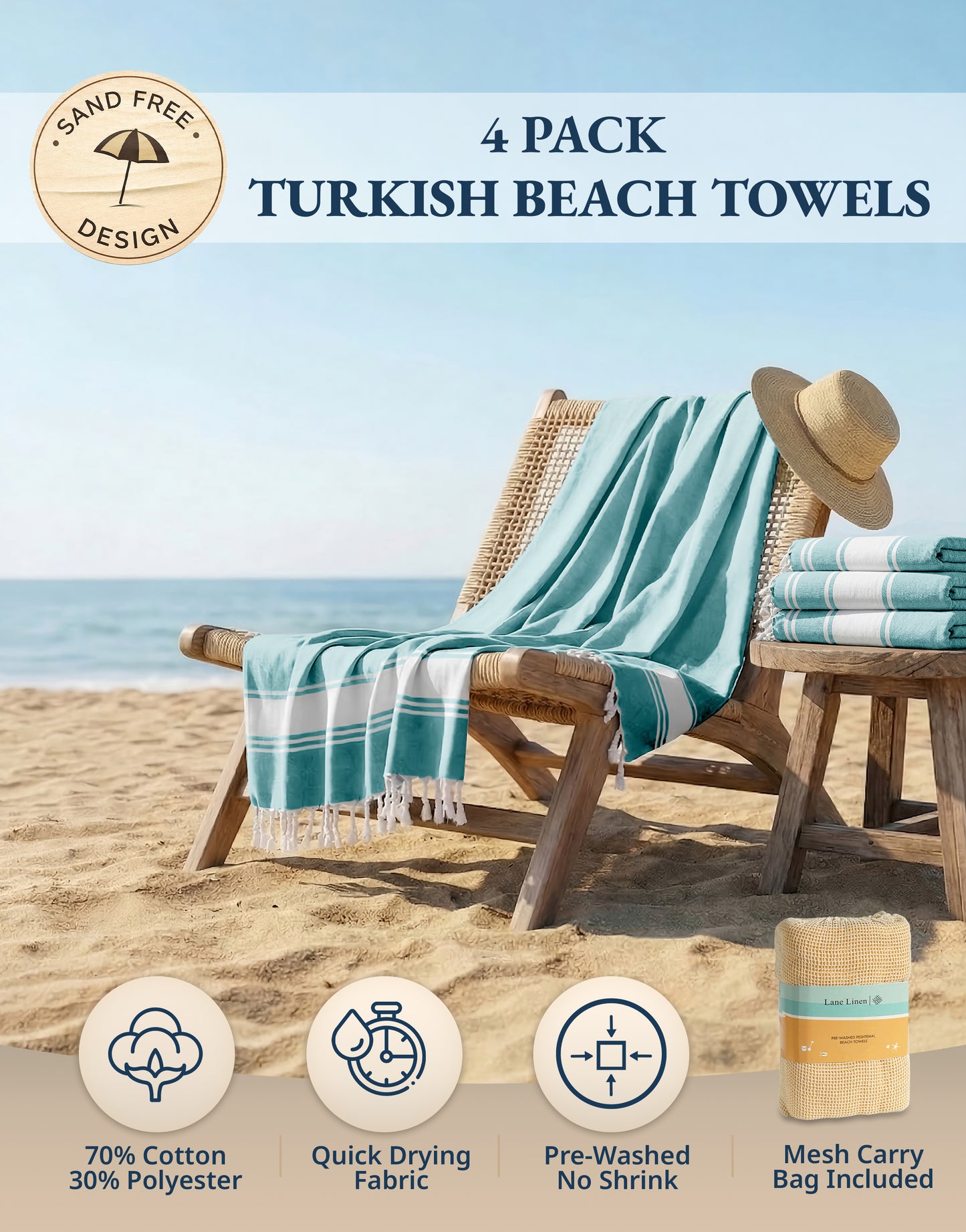 4 PIECE TURKISH BEACH TOWEL SET-HUNTER-GREEN