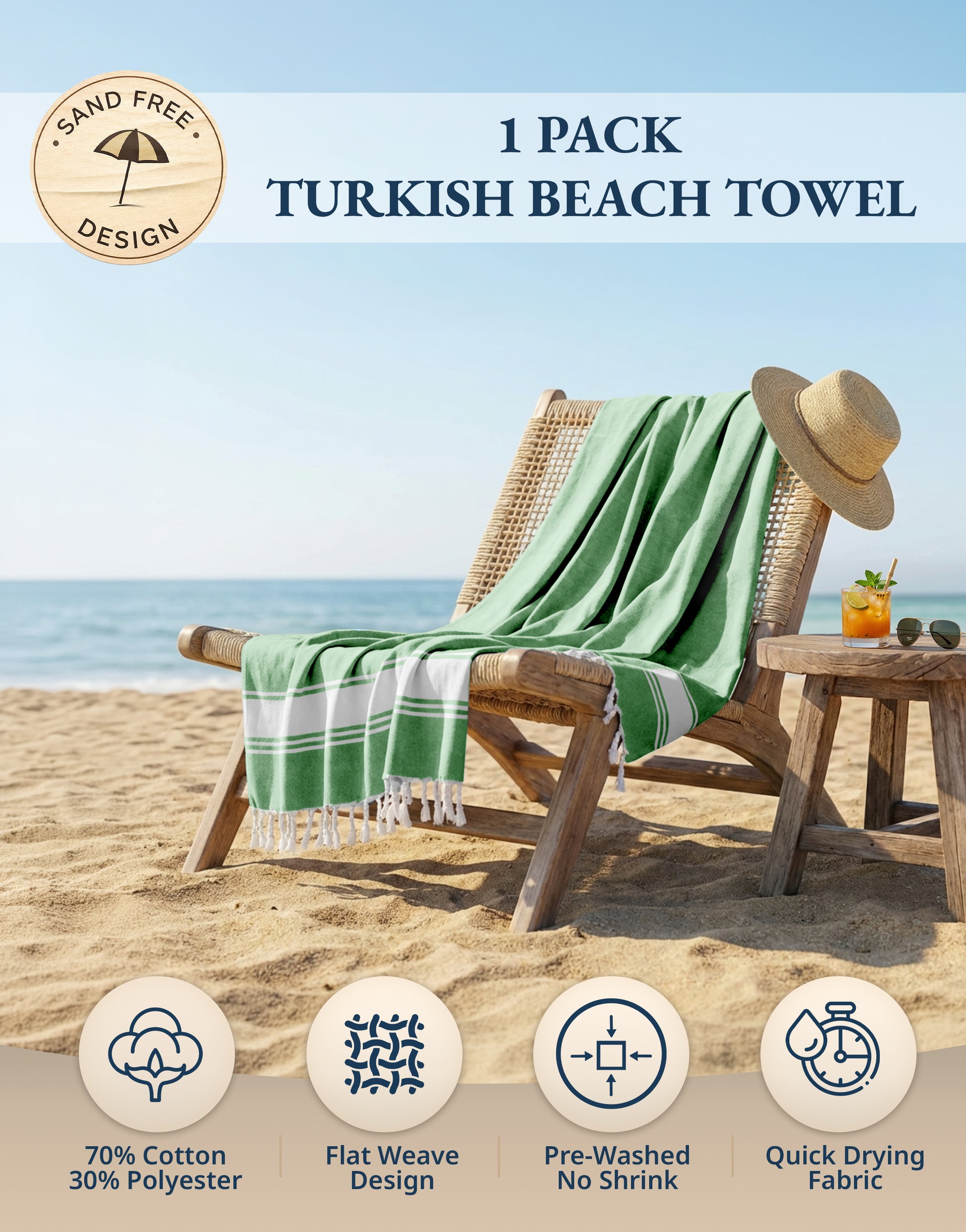 1 PIECE TURKISH BEACH TOWEL-JADE-GREEN