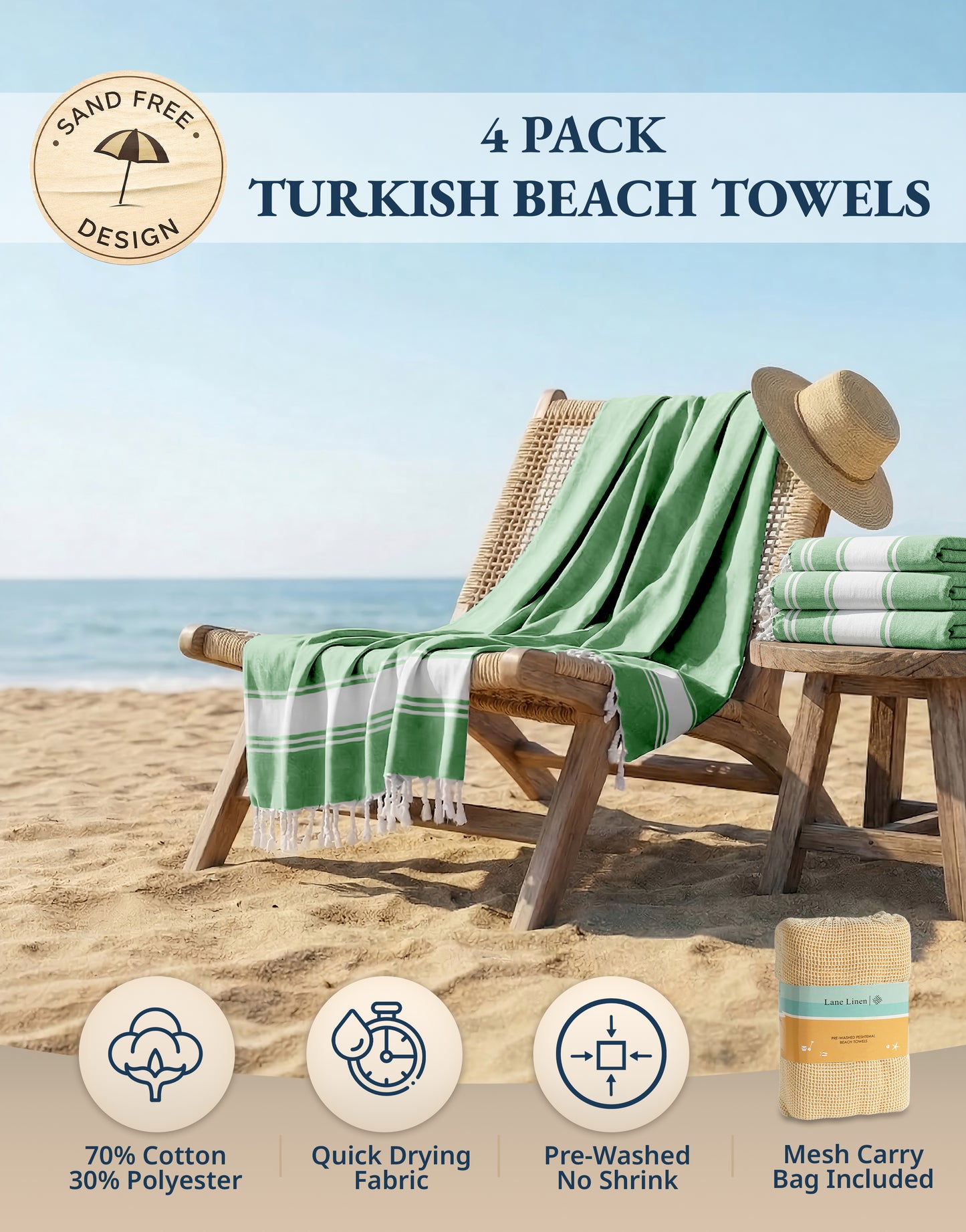 4 PIECE TURKISH BEACH TOWEL SET-JADE-GREEN