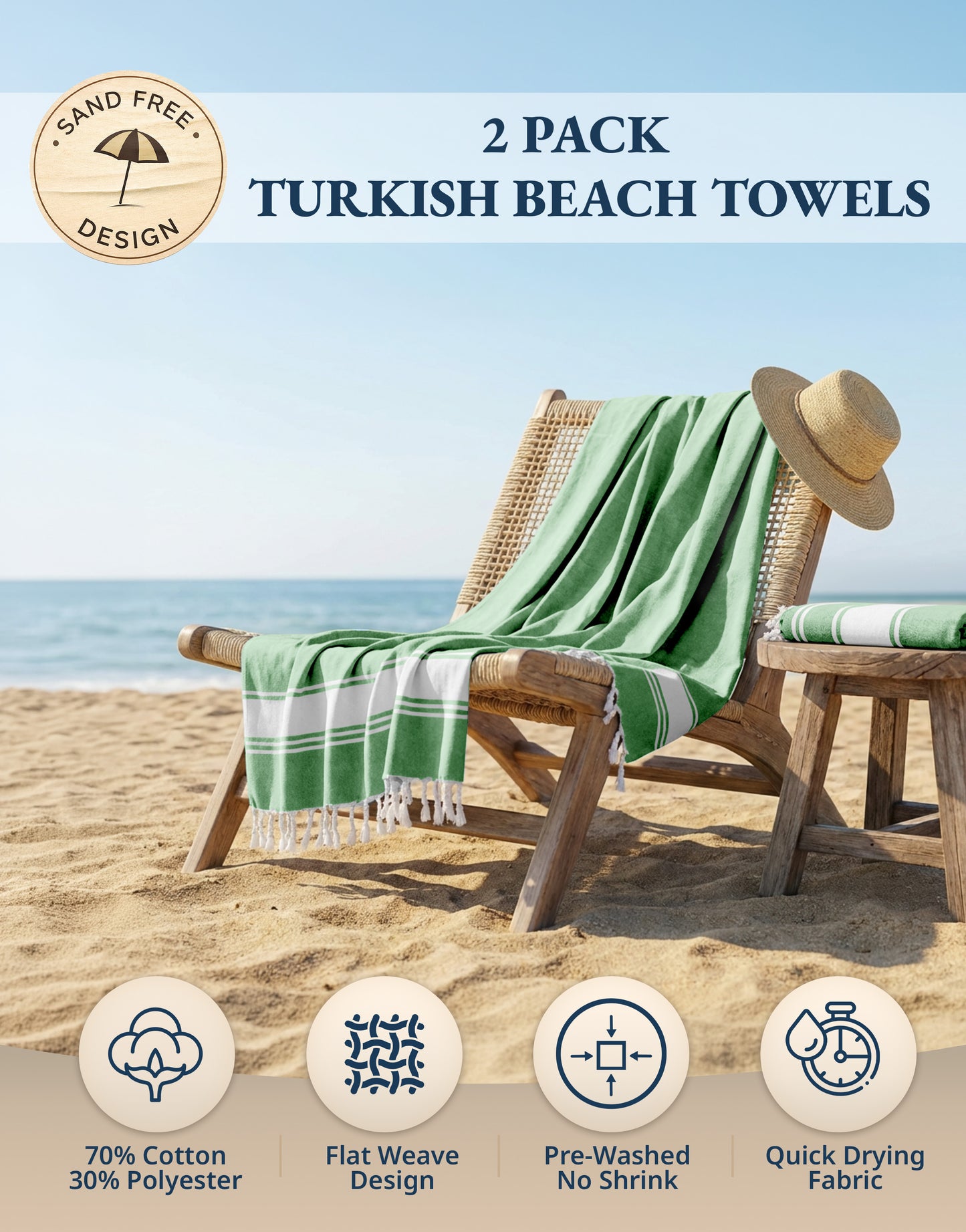 2 PIECE TURKISH BEACH TOWEL SET-JADE-GREEN