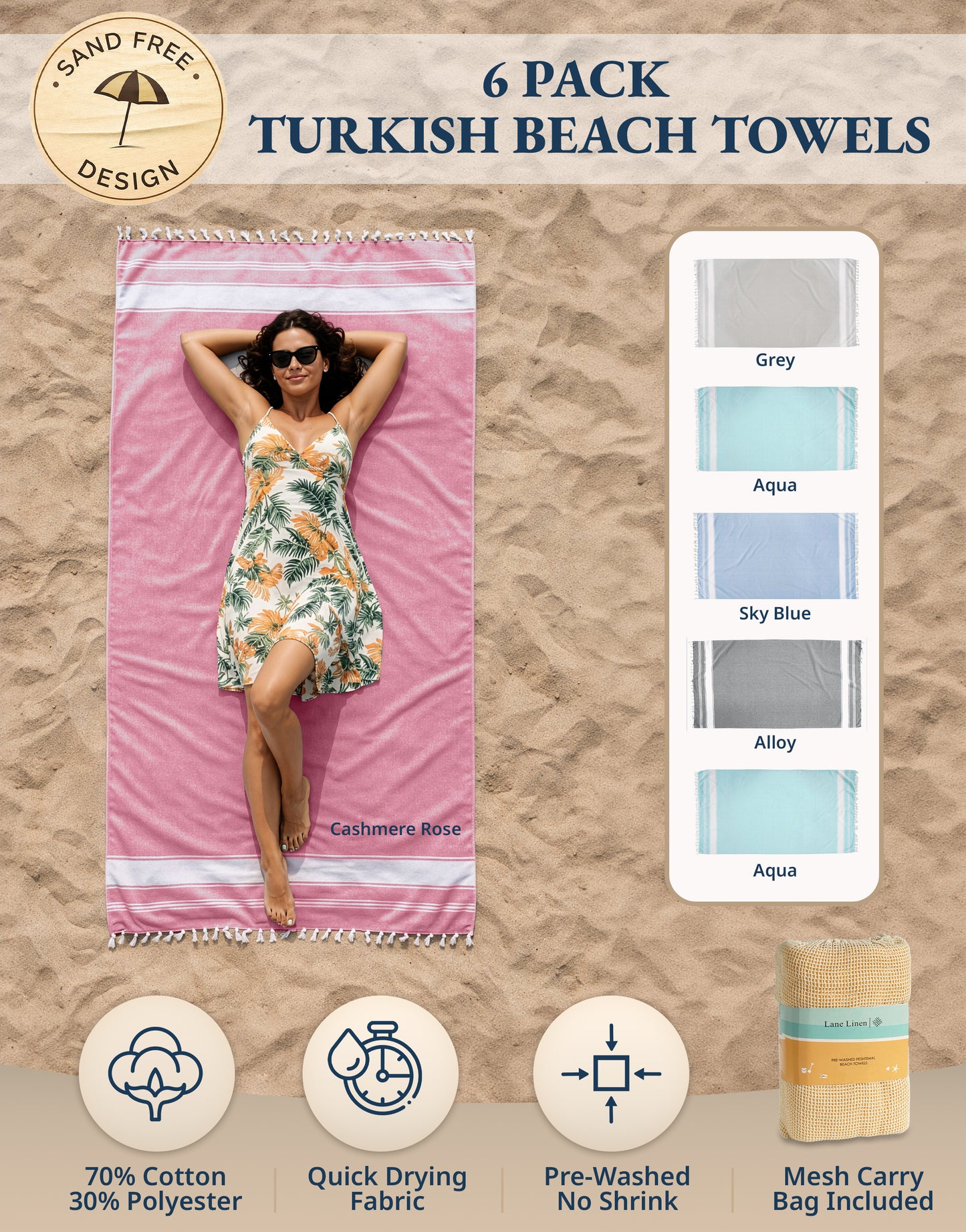 6 PIECE TURKISH BEACH TOWEL SET-Nautical-Color