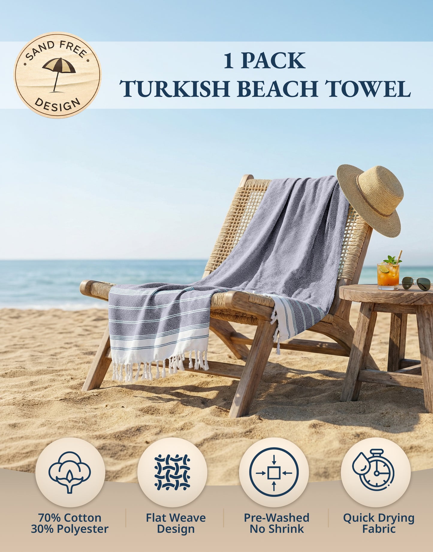 1 PIECE TURKISH BEACH TOWEL-NAVY-BLAZER