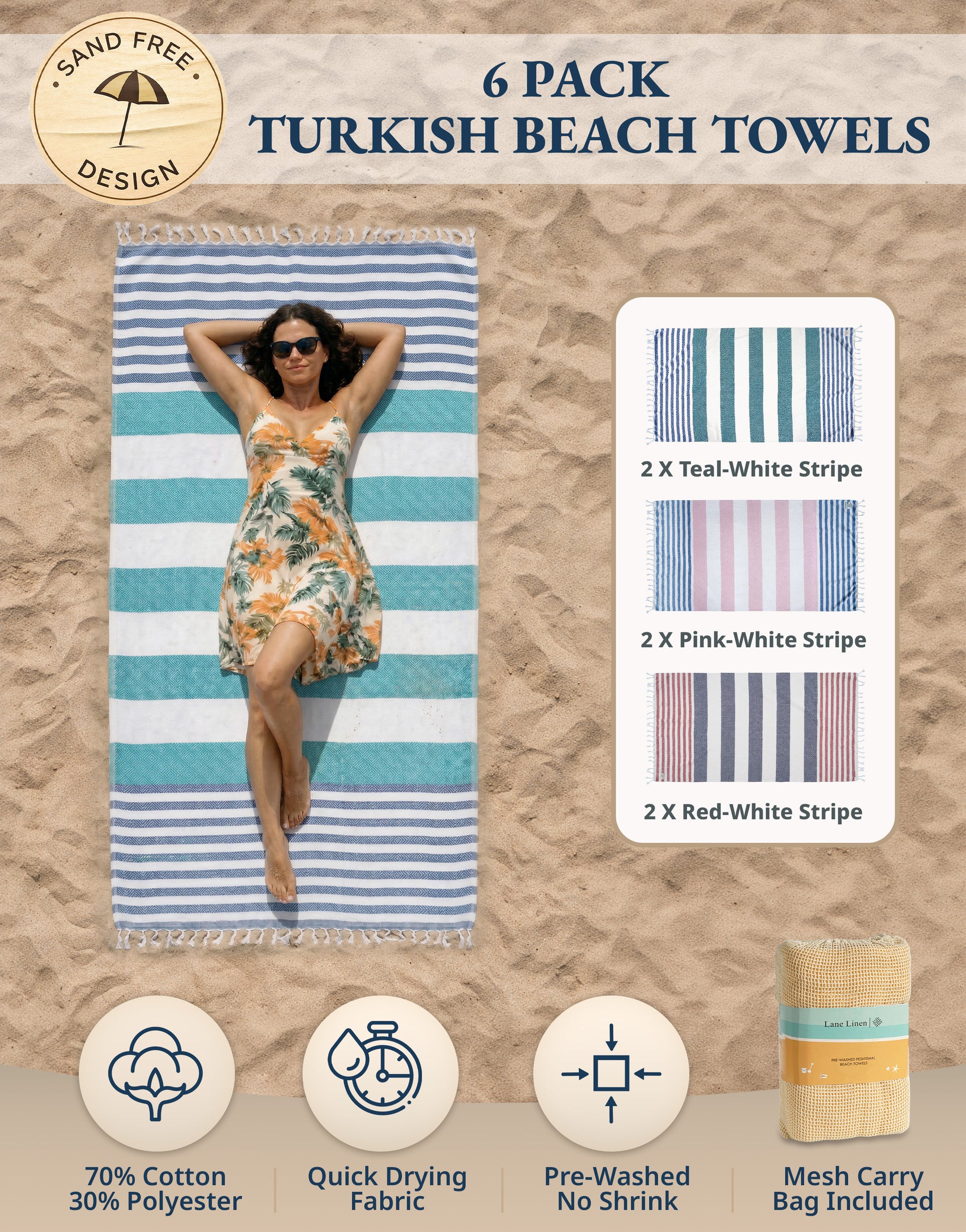 6 PIECE TURKISH BEACH TOWEL SET-Old-Glory