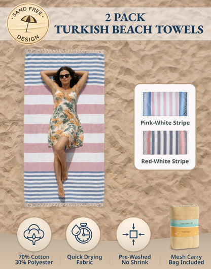 2 PIECE TURKISH BEACH TOWEL SET-OLD-GLORY-PINK