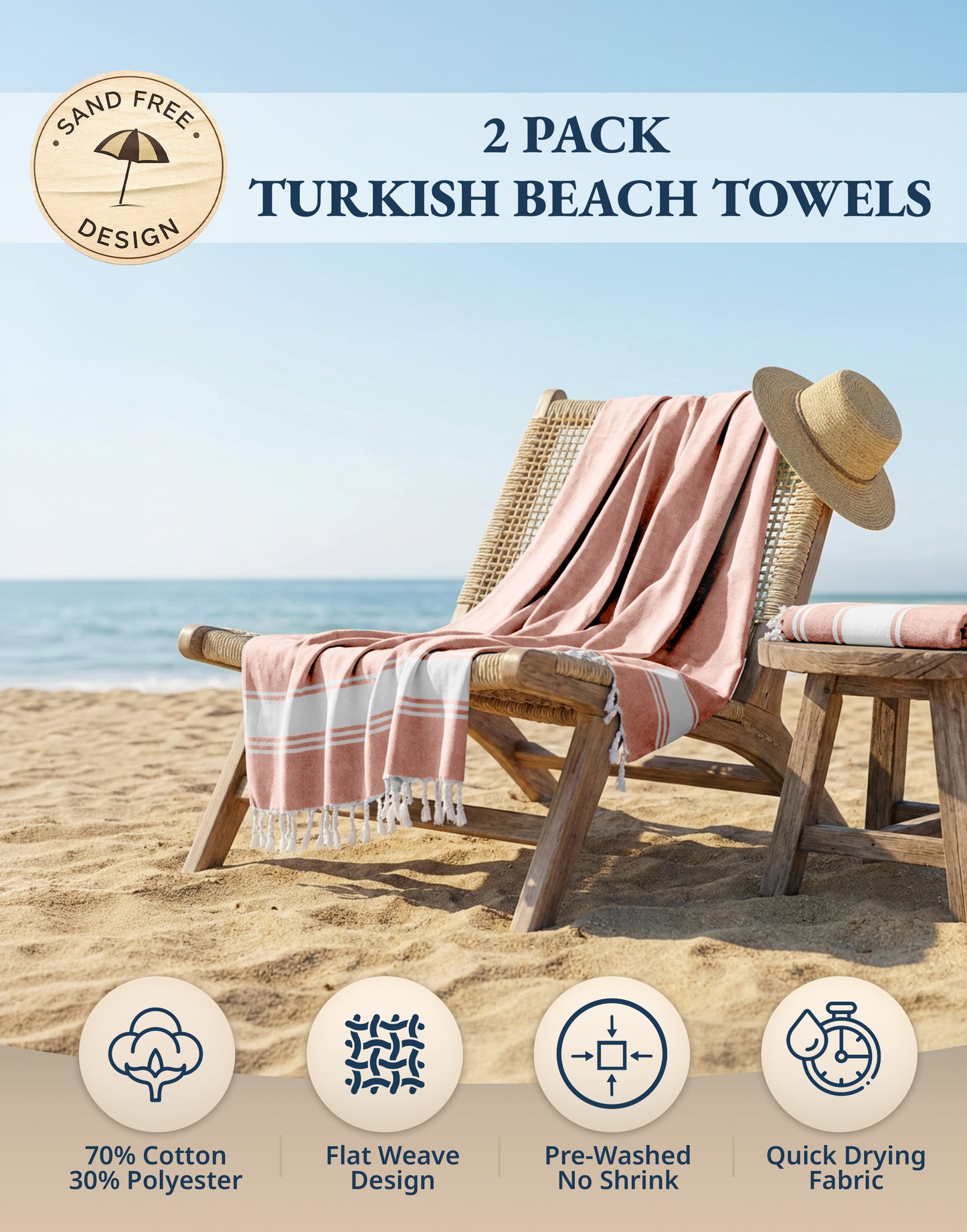 2 PIECE TURKISH BEACH TOWEL SET-QUARTZ-PINK