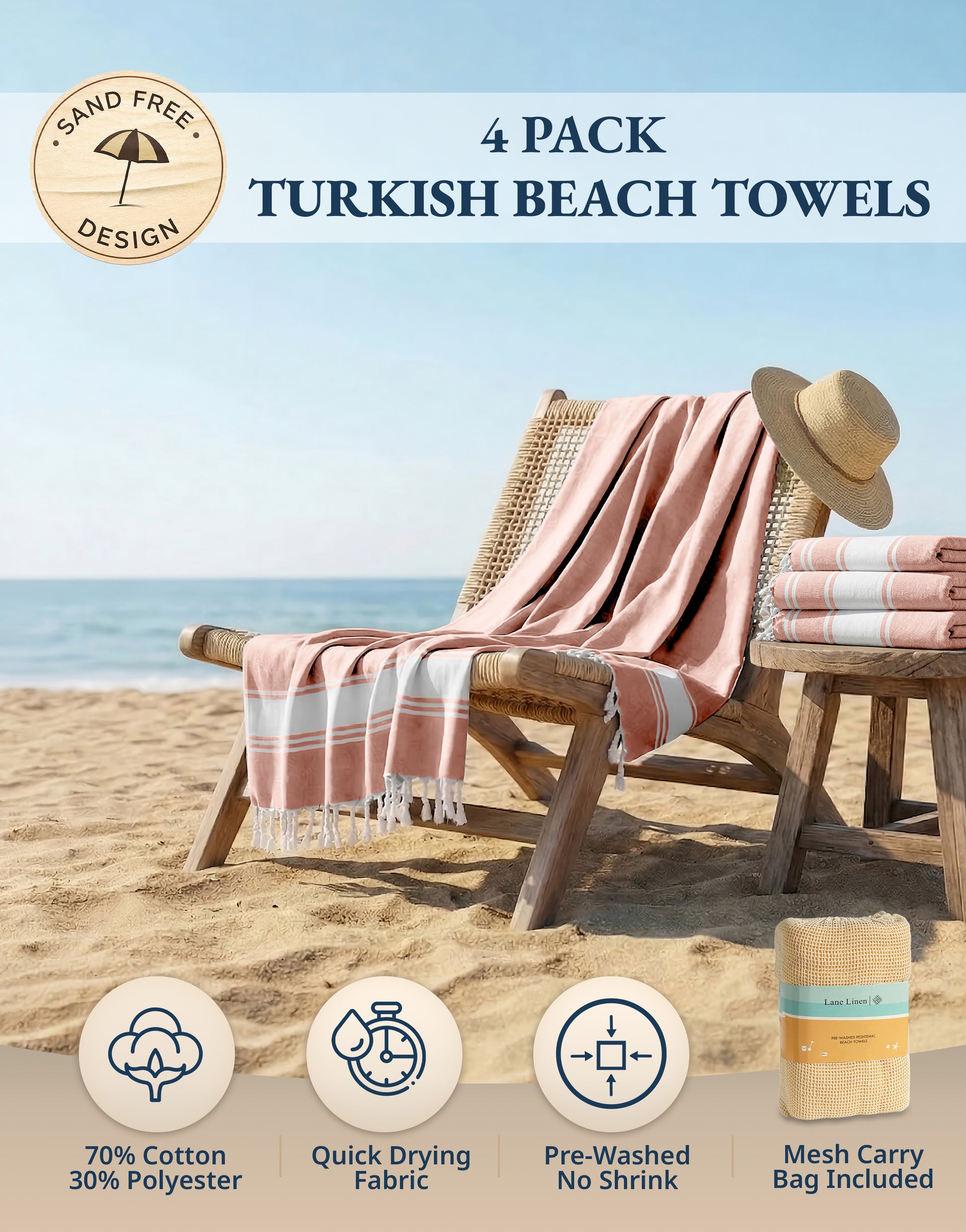 4 PIECE TURKISH BEACH TOWEL SET-QUARTZ-PINK