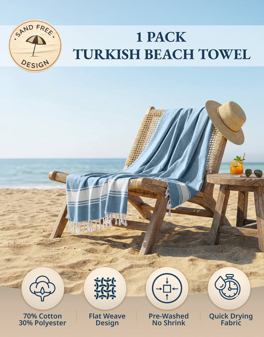 1 PIECE TURKISH BEACH TOWEL SKY-BLUE