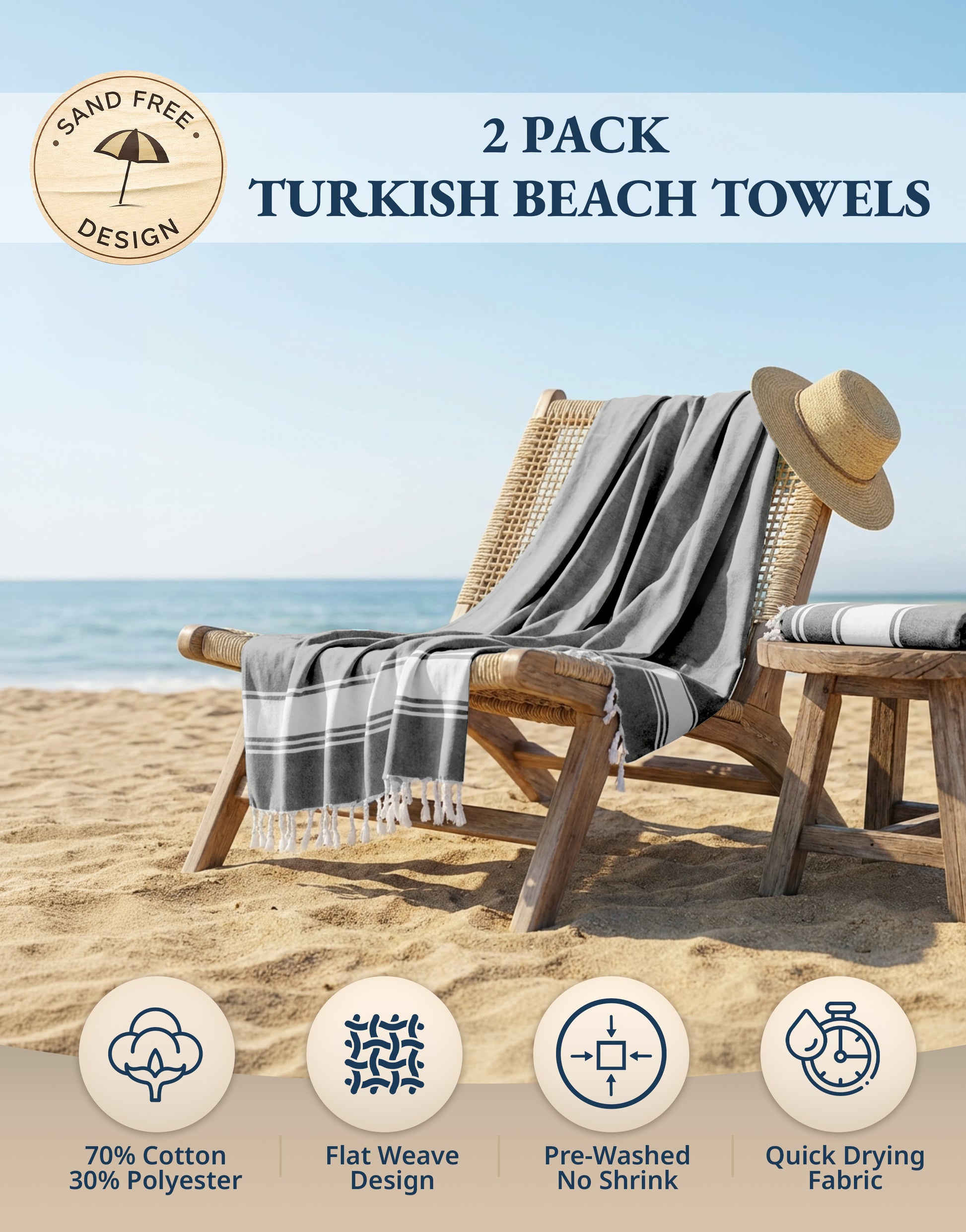 2 PIECE TURKISH BEACH TOWEL SET-SMOKY-BLACK
