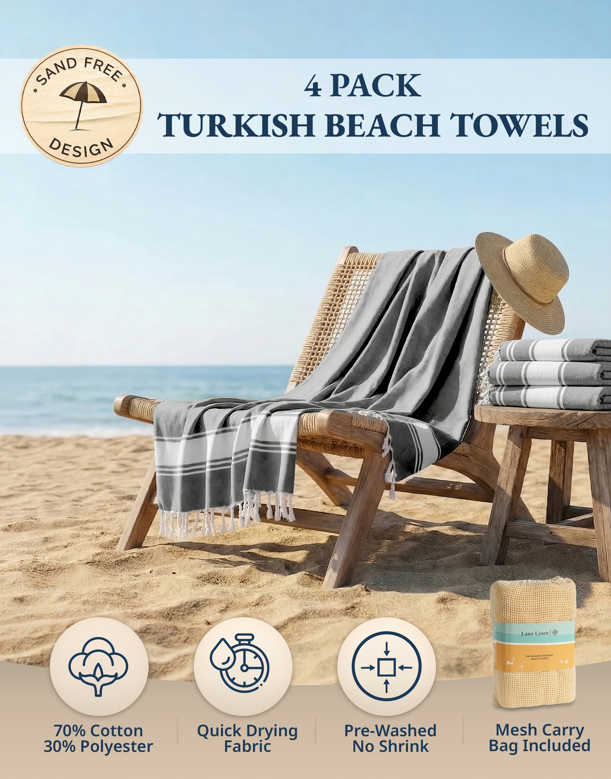 4 PIECE TURKISH BEACH TOWEL SET-SMOKY-BLACK